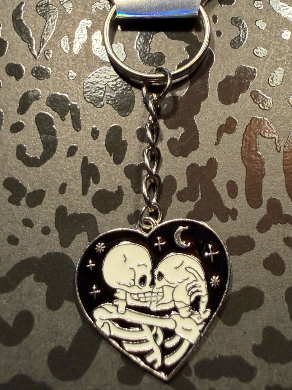Handmade Goth Skeleton Couple Heart Keychain Black White Spooky Love Charm